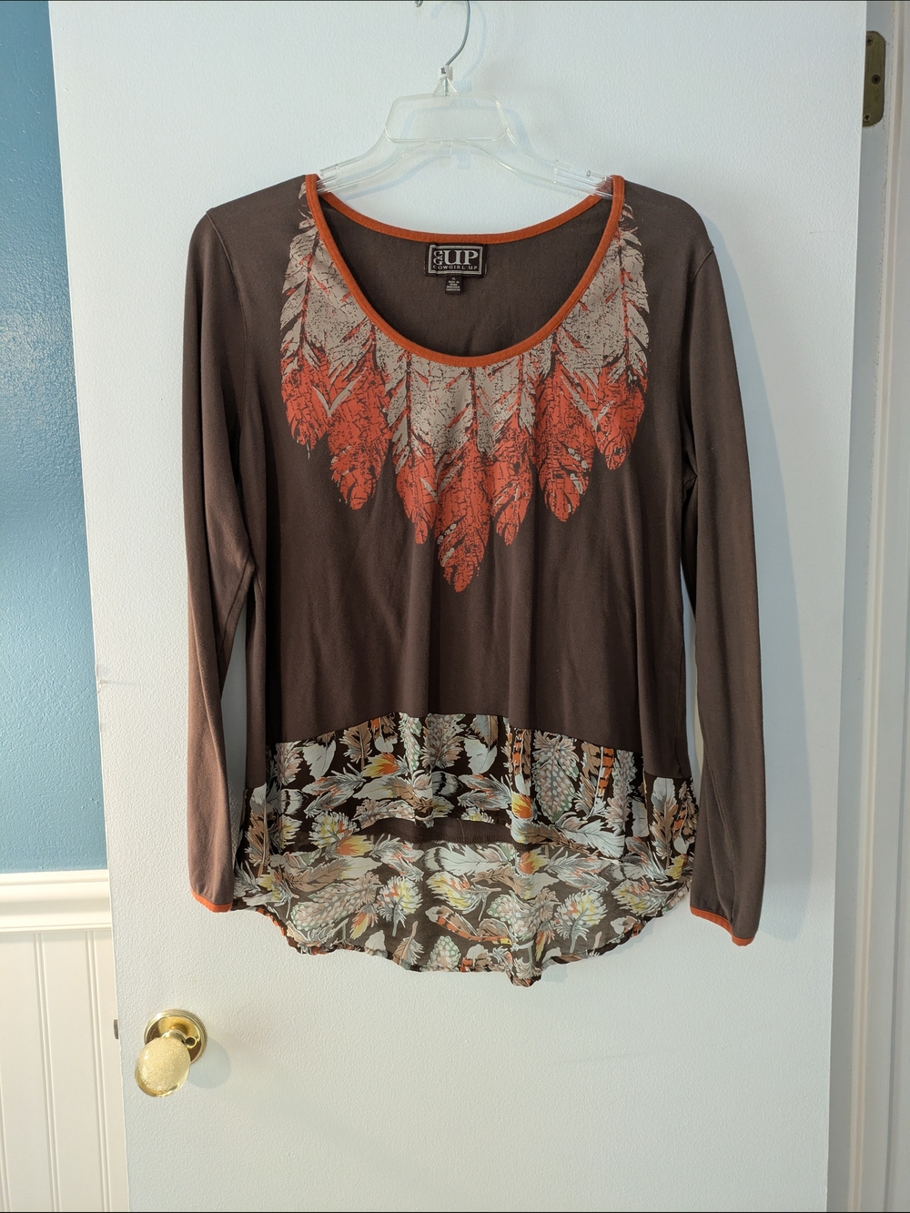 Brown Long-Sleeve Feather-Print Top with Orange Trim